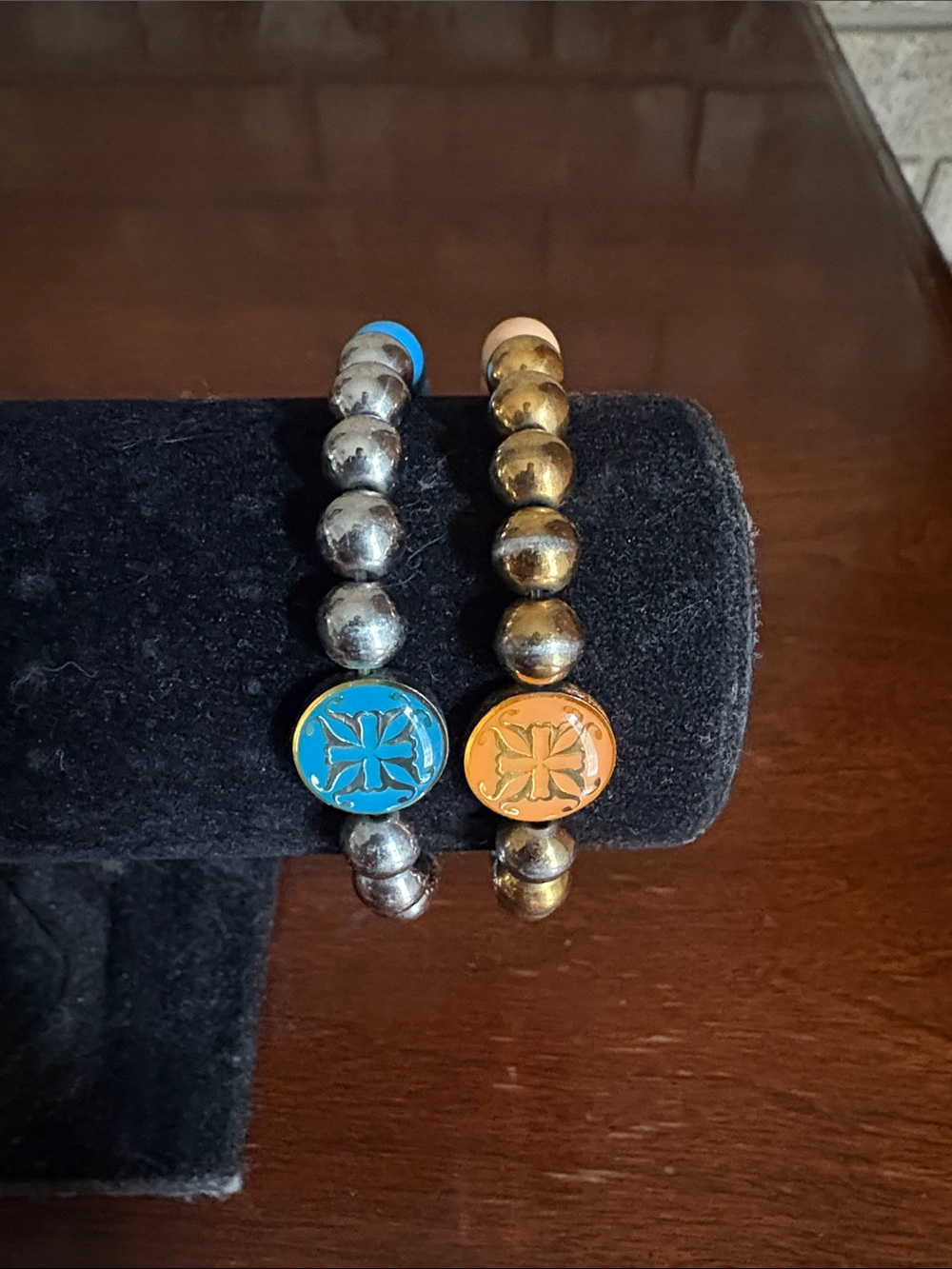 Rustic Cuff Blue and Orange Beaded Medallion Stretch Bracelets - Women Jewelry